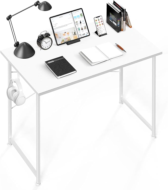 YSSOA Computer Desk Home Office Work Study Writing Modern Simple Table with Headphone Hooks, 40 Inch, Basic White - LeafyLoom