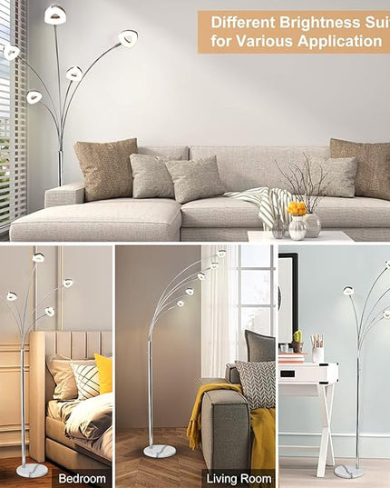 DINGLILIGHTING DLLT 5 Head Arc Floor Lamps for Living Room, Spider Lamps with 5 Adjustable Arms, Modern Tree Standing Lamp for Bedroom, Office, 3 Brightness Level, Warm White, Sliver - LeafyLoom