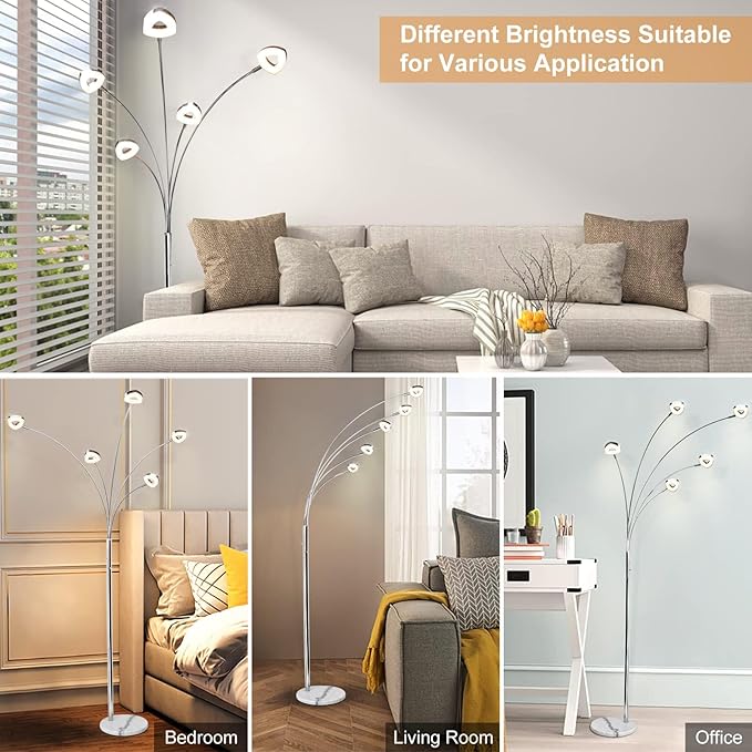 DINGLILIGHTING DLLT 5 Head Arc Floor Lamps for Living Room, Spider Lamps with 5 Adjustable Arms, Modern Tree Standing Lamp for Bedroom, Office, 3 Brightness Level, Warm White, Sliver - LeafyLoom