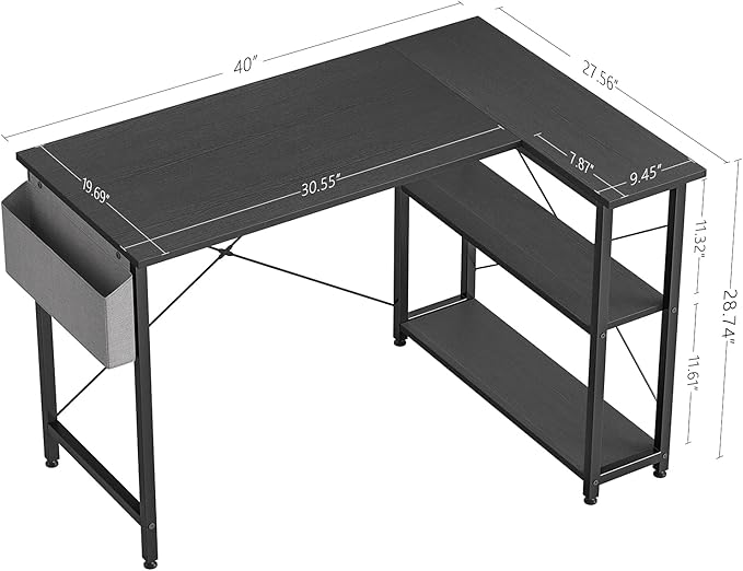 CubiCubi L Shaped Desk, 40" Computer Desk with Reversible Storage Shelves Home Office Corner Desk Study Writing Gaming Table, Black - LeafyLoom