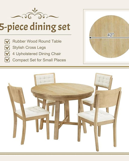 Rustic 42inch Round Dining Table Set for 4 with Cross Legs and Upholstered Chairs for Small Places, Natural - LeafyLoom