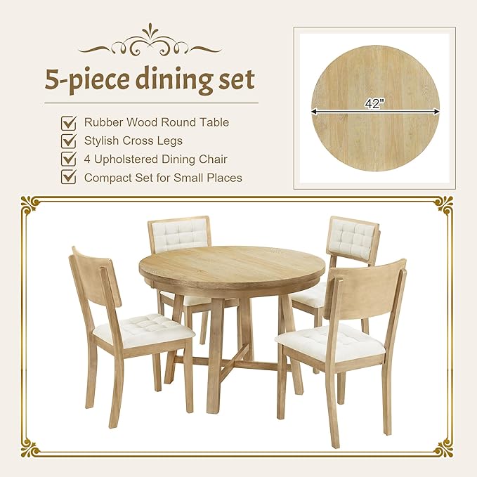 Rustic 42inch Round Dining Table Set for 4 with Cross Legs and Upholstered Chairs for Small Places, Natural - LeafyLoom