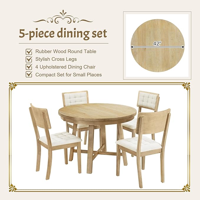 Natural Rustic 42inch Round 4, 5 Piece Upholstered Chairs, Wood Dining Table Set - LeafyLoom