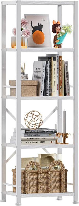 Furologee White Bookshelf 5 Tier Bookcase, Tall Narrow Bookshelves, Modern Freestanding Shelf Units, Metal and Wood Display Storage Corner Shelves Organizer for Bedroom, Living Room, Office, Bathroom - LeafyLoom