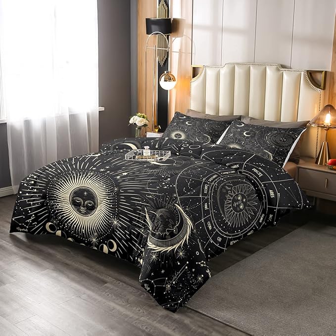 Erosebridal Bohemian Sun Moon Comforter Set Queen Size, Constellation Down Comforter, Starry Sky Quilted Duvet, Exotic Style Black Room Decor Duvet Insert,Super Soft Breathable - LeafyLoom