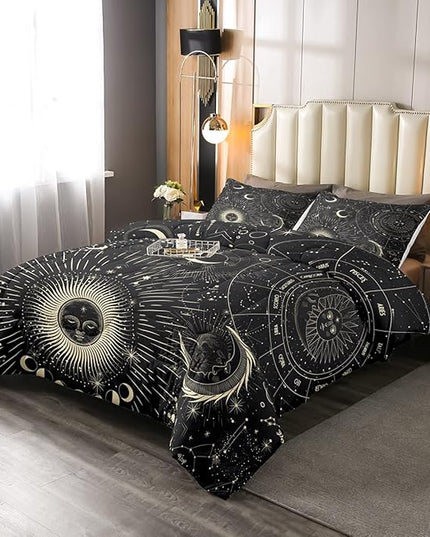 Erosebridal Bohemian Sun Moon Comforter Set Full Size, Constellation Down Comforter, Starry Sky Quilted Duvet, Exotic Style Black Room Decor Duvet Insert,Super Soft Breathable - LeafyLoom