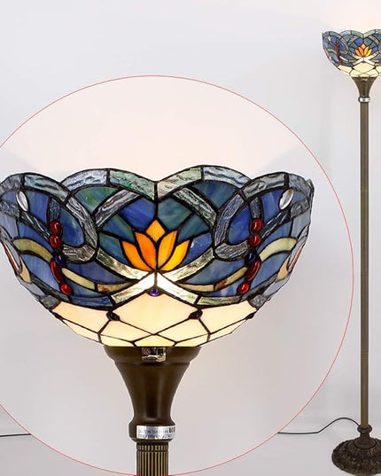WERFACTORY Tiffany Floor Lamp Blue Lotus Flower Stained Glass Light 12X12X66 Inches Pole Torchiere Standing Corner Torch Uplight Decor Bedroom Living Room Home Office S220 Series - LeafyLoom