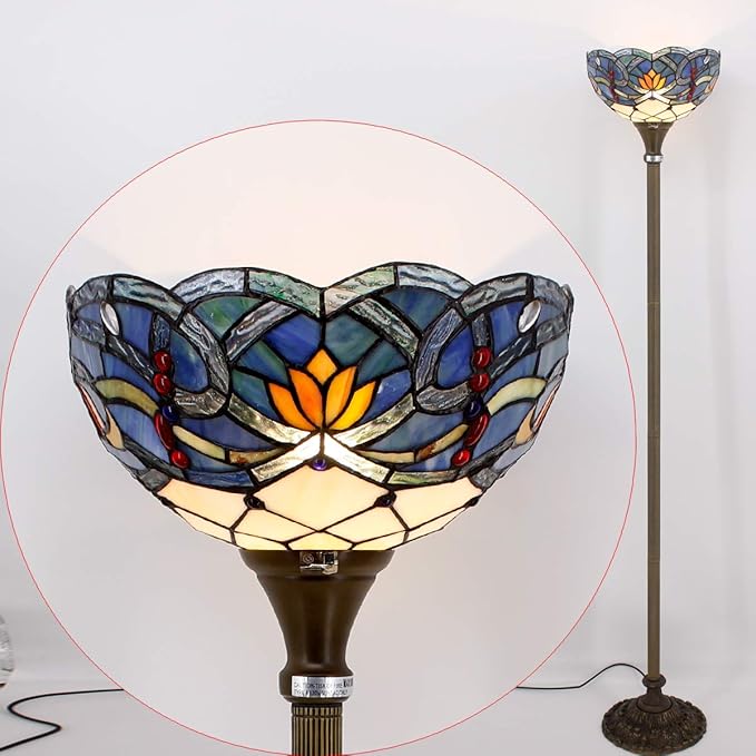 WERFACTORY Tiffany Floor Lamp Blue Lotus Flower Stained Glass Light 12X12X66 Inches Pole Torchiere Standing Corner Torch Uplight Decor Bedroom Living Room Home Office S220 Series - LeafyLoom