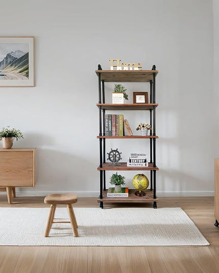 Industrial Bookshelves, Wood Pipe Bookshelf, 5 Shelf Rustic Display Storage Tall Standing Shelf Bookcase for Living Room, Kitchen, Office (Weathered Brown, 29.5" L x 11.8" W x 70" H) - LeafyLoom
