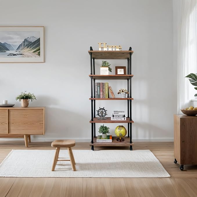 Industrial Bookshelves, Wood Pipe Bookshelf, 5 Shelf Rustic Display Storage Tall Standing Shelf Bookcase for Living Room, Kitchen, Office (Weathered Brown, 29.5" L x 11.8" W x 70" H) - LeafyLoom