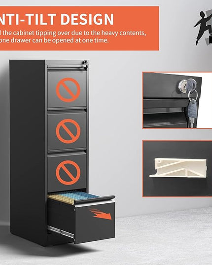 4 Drawer File Cabinet,Metal Filing Cabinets with Lock,Black Vertical File Cabinet for Home Office,Heavy Duty Metal Storage Cabinet for A4/Letter/Legal Size File,Assembly Required - LeafyLoom