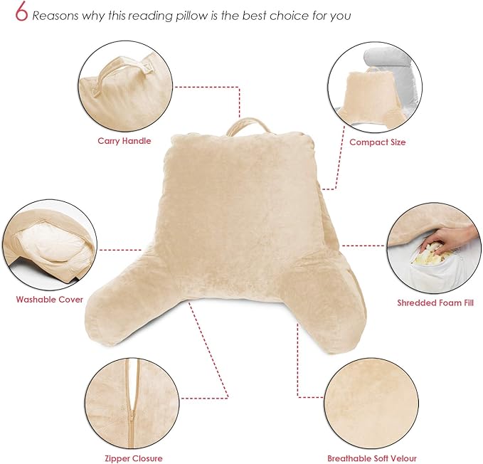 Clara Clark Reading Pillow, Standard Back Pillow for Sitting Up in Bed, Memory Foam Back Support Pillow, Reading Pillows for Sitting in Bed, Beige Cream Sit Up Pillow for Bed, Arm Pillow with Pockets - LeafyLoom