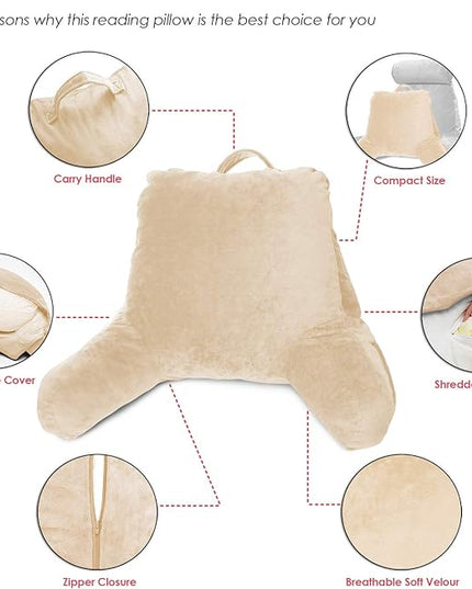 Clara Clark Reading Pillow for Kids, Small Back Pillow for Sitting Up in Bed, Memory Foam Back Support Pillow, Reading Pillows for Sitting in Bed, Beige Cream Gaming Pillow with Arms and Pockets - LeafyLoom