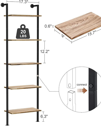 5-Tier Bookshelf Solid Wood Ladder Shelf, Narrow Book shelf Set of 2, Wooden Ladder Shelf Bookcase, Wall Mount Ladder Shelf, Storage Rack for Living Room, Bedroom, Industrial Style, Rustic Brown - LeafyLoom