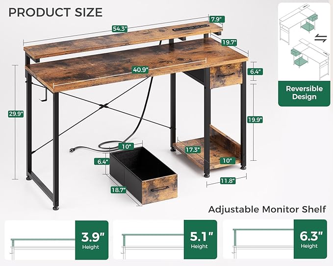AODK Gaming Desk with LED Lights & Power Outlet, 48 Inch Computer Desk with Drawer, Reversible Desk with Adjustable Monitor Shelf & Headphone Hook for Home Office, Rustic Brown - LeafyLoom