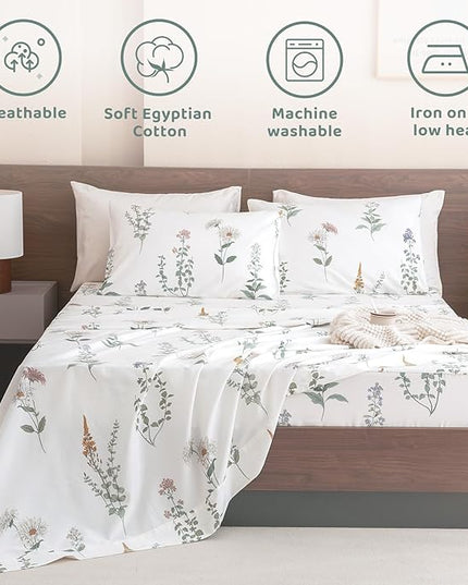 QSH Floral King Size Sheet Sets - 100% Egyptian Cotton Floral Bedding Sheets Flower Pattern Printed Bedding King Size Bed Sheets 17.5" Extra Deep Pocket 4pcs - LeafyLoom