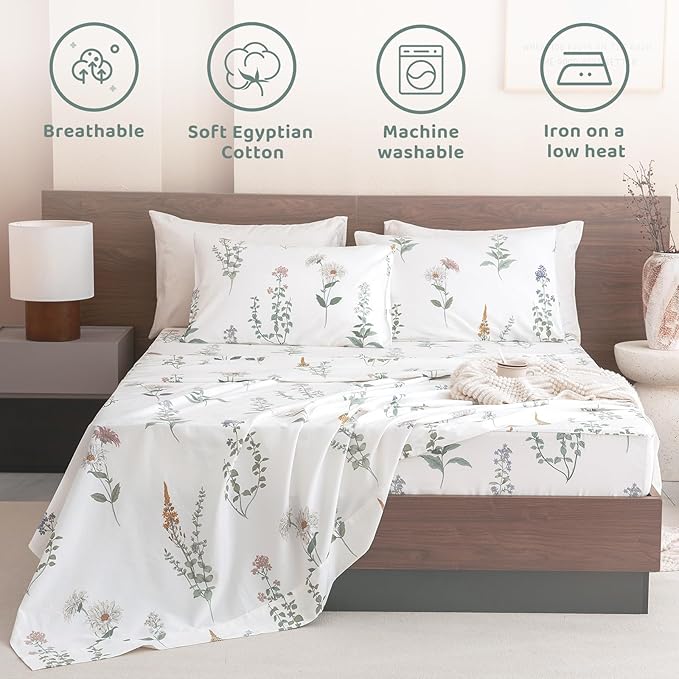 QSH Floral King Size Sheet Sets - 100% Egyptian Cotton Floral Bedding Sheets Flower Pattern Printed Bedding King Size Bed Sheets 17.5" Extra Deep Pocket 4pcs - LeafyLoom