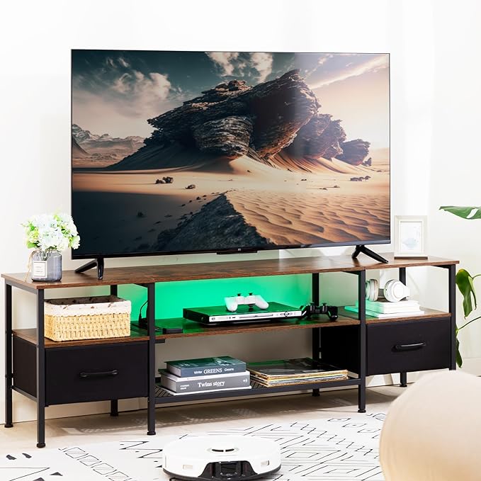TV Stand for 50/55/60 inch TV, LED Entertainment Center with Charging Station, Small TV Table with Storage Drawer and Shelf, TV Console for Living Room Bedroom, Brown, HTS042BR - LeafyLoom
