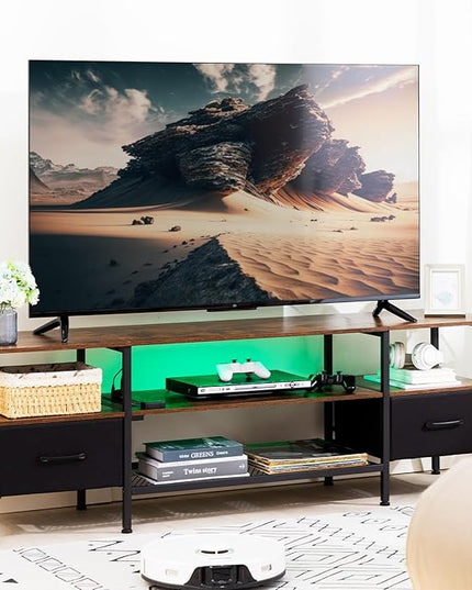 TV Stand for 50/55/60/65 inch TV, LED Entertainment Center with Charging Station, Long TV Table with Storage Drawer and Shelf, TV Console for Living Room Bedroom, Rustic Brown, HTS062BR - LeafyLoom