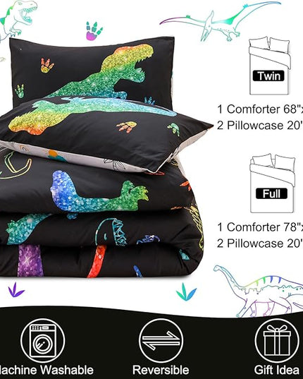 Meeting Story Dinosaur Comforter Set,Gradation Fluorescence Dinosaur Full Comforter Set, 3 PCS 1 Comforter and 2 Pillowcases in One Bag, All Season Bedspread for Kids Teens Adults（Full） - LeafyLoom
