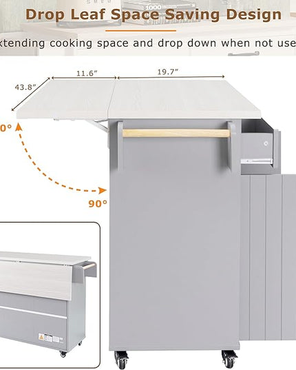 51.06 Inch Rolling Kitchen Cart with Trash Can Storage Cabinet & Drop Leaf, Portable Mobile Islands Table w/Adjustable Shelf, Spice, Towel Rack and Drawers, for Dining Room, Grey - LeafyLoom