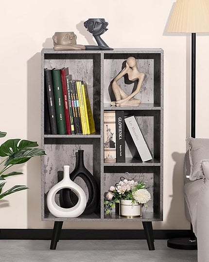 5 Cube Small Bookshelf,3 Tier Mid-Century Modern Bookcase with Legs,Wood Bookshelves Storage Organizer Shelf,Free Standing Narrow Book Shelves,Rustic Grey Corner Bookcases for Bedroom,Living Room - LeafyLoom