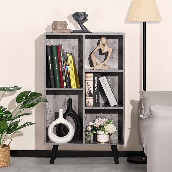 5 Cube Small Bookshelf,3 Tier Mid-Century Modern Bookcase with Legs,Wood Bookshelves Storage Organizer Shelf,Free Standing Narrow Book Shelves,Rustic Grey Corner Bookcases for Bedroom,Living Room - LeafyLoom