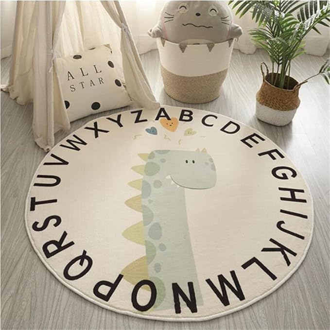 ABC Round Rug for Kids Warm and Soft Alphabet Nursery Animal Area Rugs Fun Rugs for Play Rooms Non-Slip Mats Crawling Mats Decorative Rugs for Bedrooms Living Rooms (Dinosaurs, 39in) - LeafyLoom