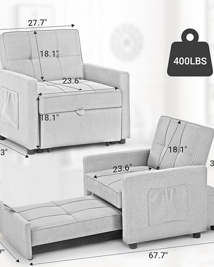4-in-1 Convertible Sleeper Sofa, Single Pull Out Couch Chair with 6-Level Adjust Backrest Loveseat with Storage and Pillows, Modern Recliner for Living Room Apartment Office, White - LeafyLoom