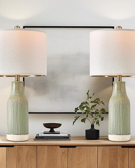 23.75" Modern Green Ceramic Table Lamp Set of 2 for Living Room, Farmhouse Bedside Nightstand Lamp for Bedroom Home Office Dorm - LeafyLoom