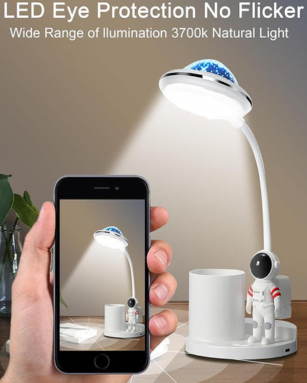 Astronaut Desk Lamp for Kids,Star Space Projector Galaxy Night Light,Eye-Care Reading Small Desk Lamps, with Pen Holder Spaceman Table Lamp, Bedroom Decor Aesthetics, Gifts for Boys and Girls - LeafyLoom
