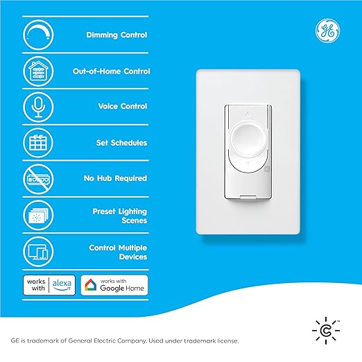 GE CYNC Smart Dimmer Light Switch, No Neutral Wire Required, Bluetooth and 2.4 GHz WiFi 3-Wire Switch, Works with Amazon Alexa and Google Home, White (1 Pack) CYNCSmartHome