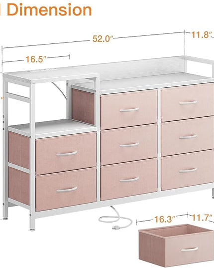 ODK Dresser with Charging Station, 52-Inch Long Dresser TV Stand for Bedroom, Large Dresser with 8 Storage Drawers, Chest of Drawers Easy-Pull Fabric Dressers for Living Room, White and Pink - LeafyLoom