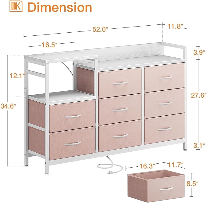 ODK Dresser with Charging Station, 52-Inch Long Dresser TV Stand for Bedroom, Large Dresser with 8 Storage Drawers, Chest of Drawers Easy-Pull Fabric Dressers for Living Room, White and Pink - LeafyLoom