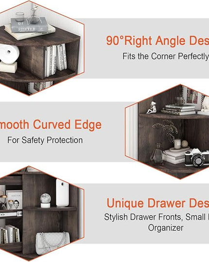 6 Tier Corner Shelf with Drawer, Corner Bookshelf and Corner Bookcase Corner Display Storage Cabinet Stand for Living Room, Bedroom, Office, Small Space, Black Walnut - LeafyLoom