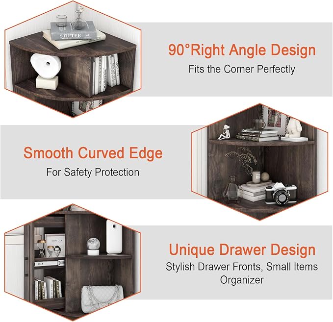 6 Tier Corner Shelf with Drawer, Corner Bookshelf and Corner Bookcase Corner Display Storage Cabinet Stand for Living Room, Bedroom, Office, Small Space, Black Walnut - LeafyLoom