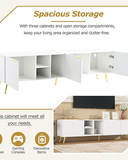 Merax Modern Minimalist Geometric TV Stand with Metal Handles and Gold Legs for Televisions Up to 80'' Multi-Functional Storage Cabinet, Entertainment Center for Living Room, 70.80" Length, White - LeafyLoom