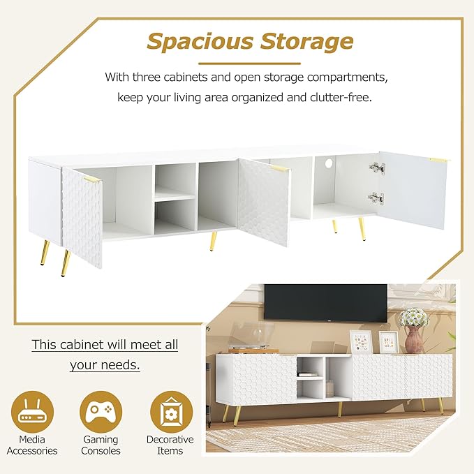 Merax Modern Minimalist Geometric TV Stand with Metal Handles and Gold Legs for Televisions Up to 80'' Multi-Functional Storage Cabinet, Entertainment Center for Living Room, 70.80" Length, White - LeafyLoom