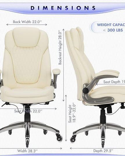 Executive Office Chair-Ergonomic Computer Desk Chair with Upgraded Caster for Swivel, High Back Office Chair with Padded Flip-up Arms, Stylish Leather Chair Thicken Seat for Comfort (Ivory, 300lbs) - LeafyLoom