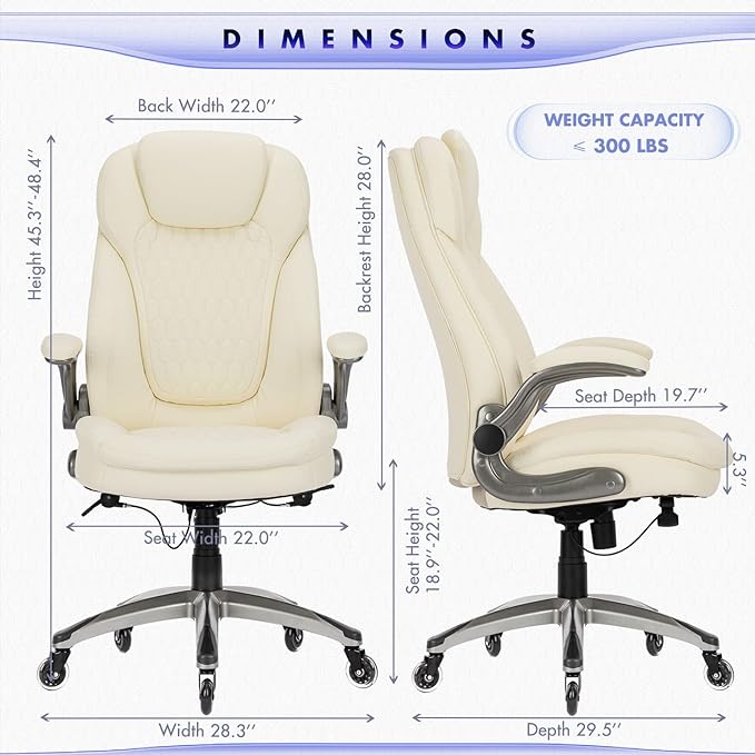 Executive Office Chair-Ergonomic Computer Desk Chair with Upgraded Caster for Swivel, High Back Office Chair with Padded Flip-up Arms, Stylish Leather Chair Thicken Seat for Comfort (Ivory, 300lbs) - LeafyLoom