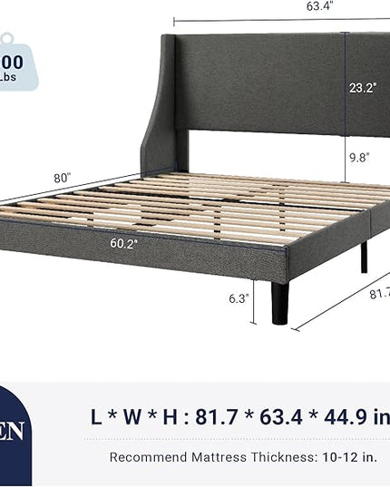 Allewie Queen Bed Frame, Platform Bed Frame Queen Size with Upholstered Headboard, Modern Deluxe Wingback, Wood Slat Support, Mattress Foundation, Light Grey - LeafyLoom