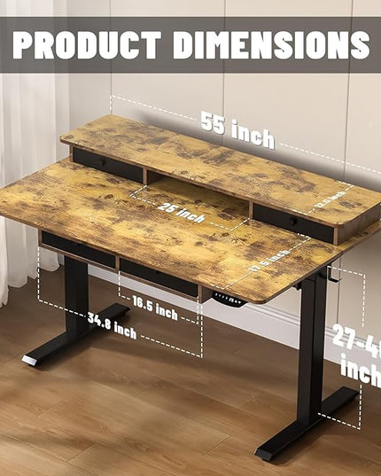 55 * 30 Inches Electric Standing Widened Desk Adjustable Height with 4 Drawers, Double Storage Shelves Stand Up Desk, Home Office Workstation Sit Stand up Desk (Rustic Brown) - LeafyLoom