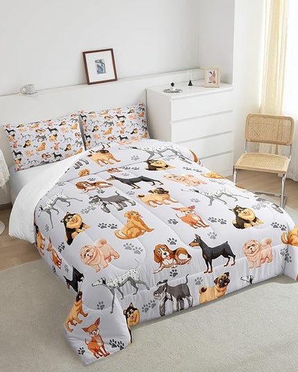 Kids Cute Dog Comforter Set Cartoon Dogs Bedding Set for Boys Girls Pet Dog Puppy Animal Lover Comforter Lovely Dog Paw Comforter for All Season Room Decor King Size Boys - LeafyLoom