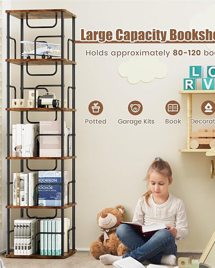 5 Tier Square Rotating Bookshelf, 360 ° Display Stackable Spinning Bookshelf Tower, Space Saving Tall Floor Standing Swivel Bookcase Corner Storage Organizer for Bedroom, Living Room, Rustic Brown - LeafyLoom