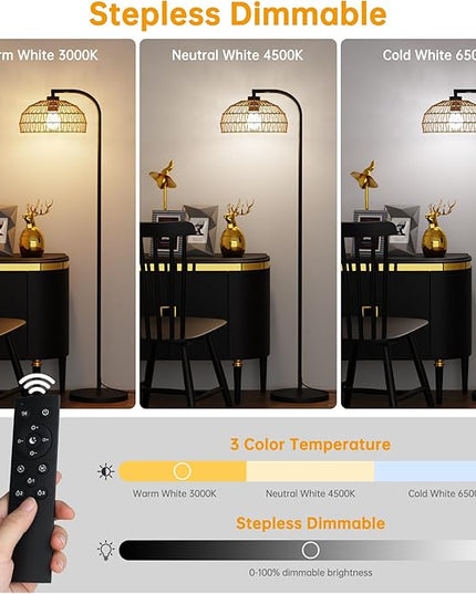 Boho Floor Lamp for Living Room,Rattan Floor Lamps with Remote,3 Color Temperature and Stepless Dimmable,Farmhouse Standing Lamps for Bedroom,Office with Handmade Lampshade,12W Smart Bulb Included - LeafyLoom