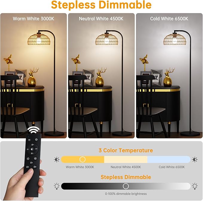 Boho Floor Lamp for Living Room,Rattan Floor Lamps with Remote,3 Color Temperature and Stepless Dimmable,Farmhouse Standing Lamps for Bedroom,Office with Handmade Lampshade,12W Smart Bulb Included - LeafyLoom