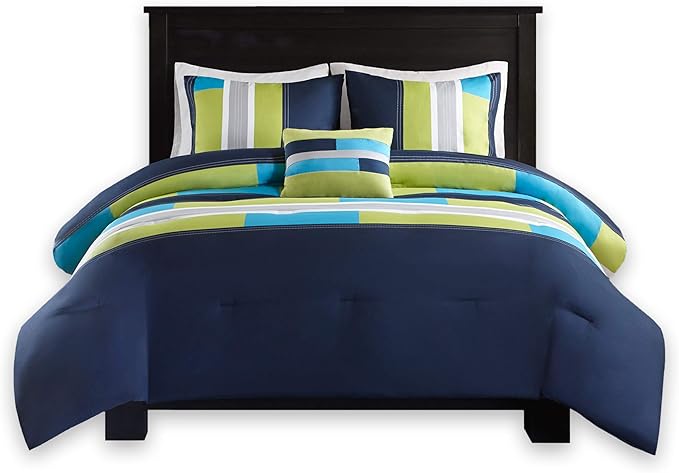 Comfort Spaces Casual Comforter Set Sporty Design, Vibrant Color, Active Lifestyle Boys Bedroom Décor, All Season Soft Microfiber Bedding Set, Decorative Pillow, Sham Navy/Blue Queen 4 Piece - LeafyLoom