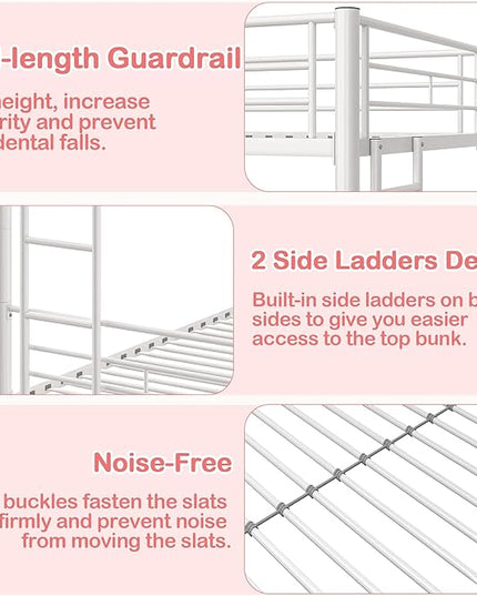 VECELO Metal Loft Bed Twin Size with Desk Industrial Bunkbeds with Ladder and Full-Length Guardrail, Noise Free, No Box Spring Needed, White - LeafyLoom