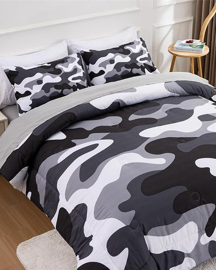 Meeting Story Camouflage Bedding Set, Colorful Pattern Style Comforter Set, 5 PCS One Comforter Two Pillowcases Two Sheets in One Bag, All Season Bedspread for Teens Adults (Grey,Full5pcs - LeafyLoom