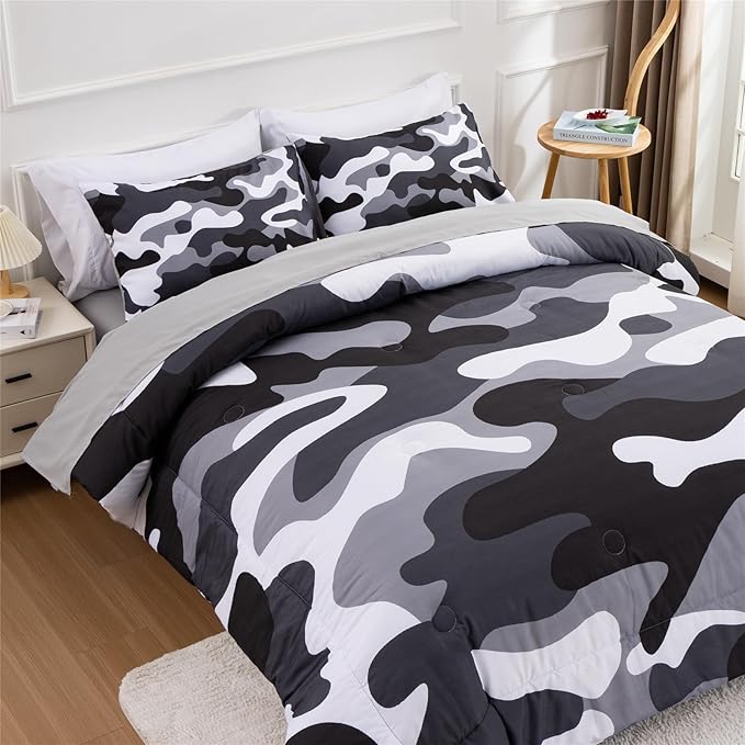Meeting Story Camouflage Bedding Set, Colorful Pattern Style Comforter Set, 5 PCS One Comforter Two Pillowcases Two Sheets in One Bag, All Season Bedspread for Teens Adults (Grey,Full5pcs - LeafyLoom